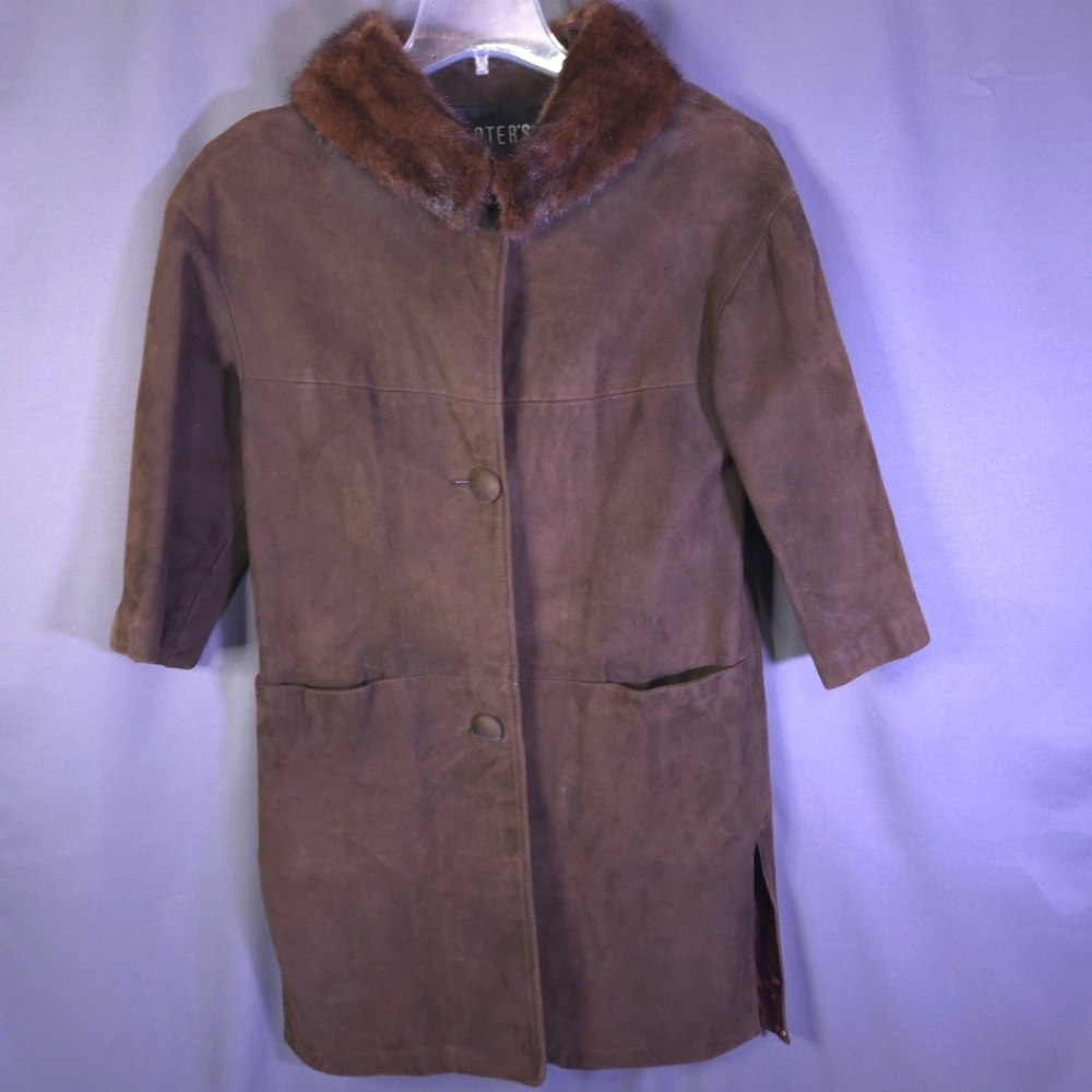 Vintage Saters Suade Coat Fur Collar Brown Size 8 3/4 Sleeve‎ 60s Old Money